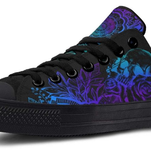 Skull Garden Black Low Top Sneakers - Floral Gothic Style